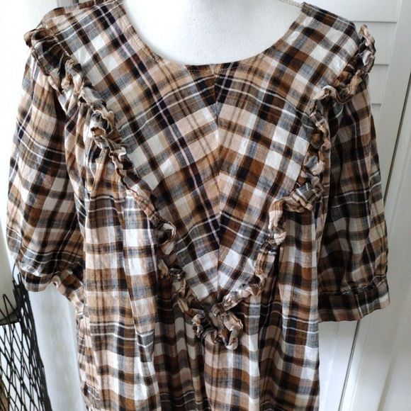 EUC 3X Terra & Sky Plaid Ruffle-Front Short-Sleeve Blouse, 100% Cotton - Picture 3 of 11